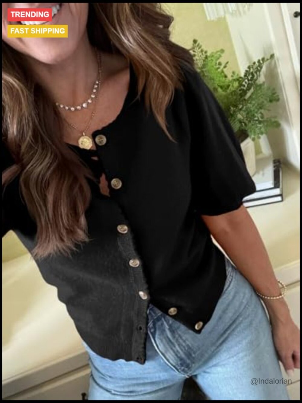Puff Short Sleeve Cardigan Lightweight Summer Button Down Knit Crew Neck - Picture 3 of 7